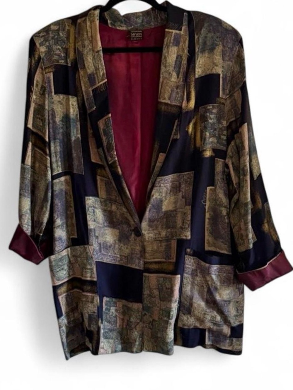 Vintage Seruchi Abstract Print Longline Blazer XL Padded Shoulder